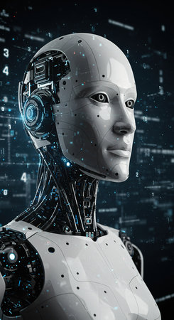 3d rendering humanoid robot face with digital circuit board on dark backgroundの素材