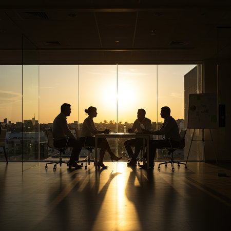 Silhouettes of business people working together in boardroom at sunsetの素材