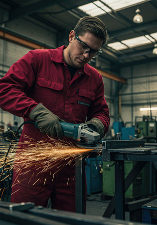 Portrait of a worker cutting metal with angle grinder in a workshopの素材