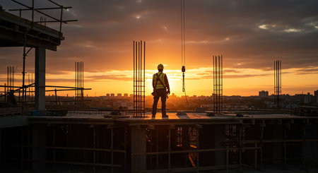Silhouette of engineer on construction site with sunset sky background.の素材