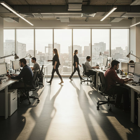 Group of business people working and communicating together in modern open plan office with panoramic windows.の素材