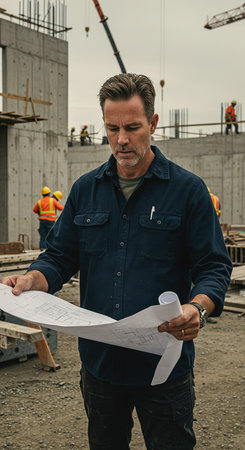 Architect working on a construction site. Portrait of a mature man at a construction site.の素材