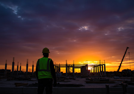 Silhouette of engineer at construction site with sunset sky background.の素材