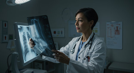 Female doctor looking at x-ray image in the hospital. Medical and healthcare concept.の素材
