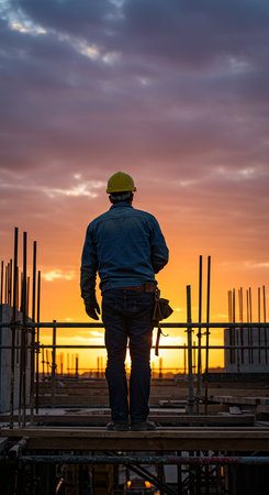 Back view of a male construction worker on a construction site at sunsetの素材