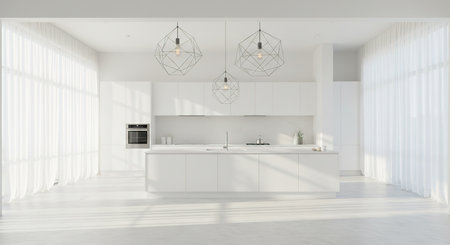 3d Illustration of white modern kitchen in a house with a beautiful designの素材