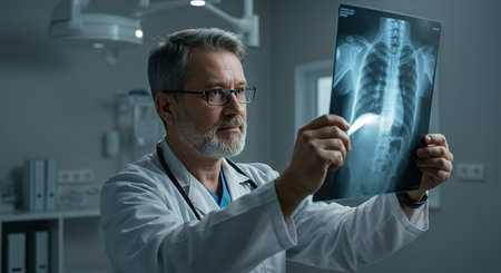 Portrait of senior doctor looking at x-ray image in hospitalの素材