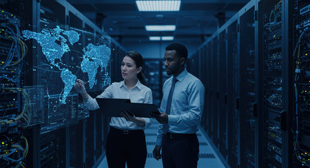 Businessman and businesswoman working together in data center room. Mixed mediaの素材