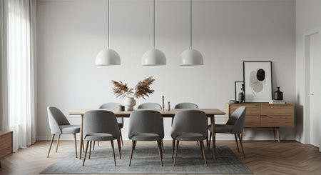 Interior of modern dining room with white walls, wooden floor, round wooden table with gray chairs and mirror. 3d renderingの素材