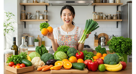 Young asian woman holding fresh vegetables and fruits in the kitchen.の素材