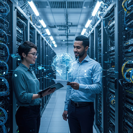 Programmer and engineer working on server room data center. Internet and technology concept.の素材