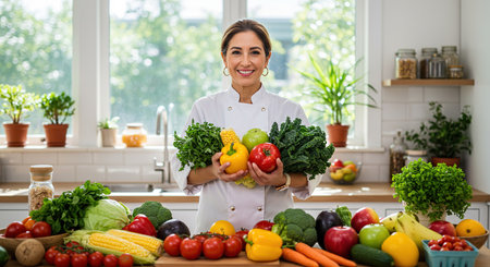 Portrait of a smiling female chef holding fresh vegetables in the kitchenの素材