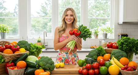Beautiful young woman standing in the kitchen and holding a bunch of vegetablesの素材