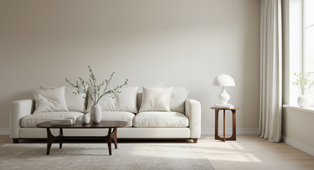 interior with white sofa, coffee table and plant 3d renderの素材