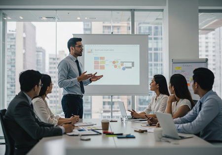 Business people in group meeting at modern workplace office. Profession businesswomen, businessmen and office workers working in team conference with project planning board.の素材