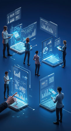 Concept of big data with business people on blue background. 3d renderingの素材