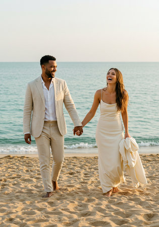 happy couple holding hands and walking on sandy beach during sunset in summerの素材