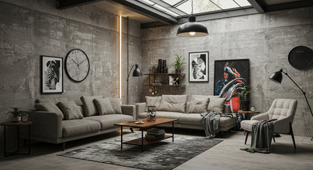 Modern living room interior design. 3D render. Vintage style.の素材