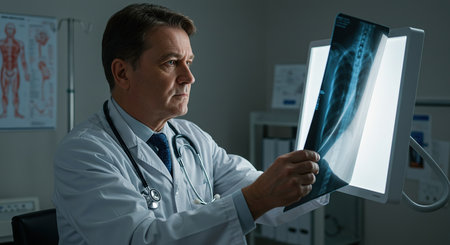 Portrait of mature doctor looking at x-ray image in hospitalの素材