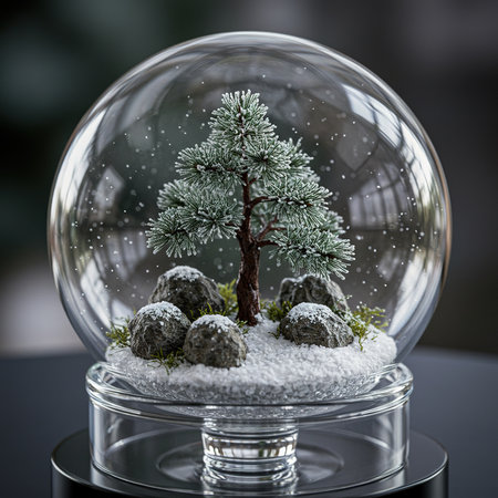 Snow globe with Christmas tree in snowfall. 3D rendering.の素材
