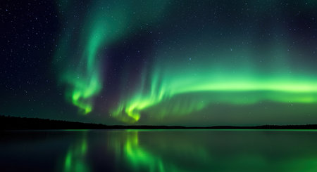 Aurora borealis, northern lights over lake at night.の素材