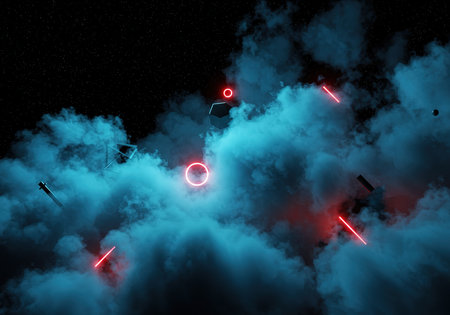 3D illustration of abstract fractal background with neon lights and starsの素材