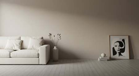 Modern living room with white sofa and mock up poster. 3d renderingの素材