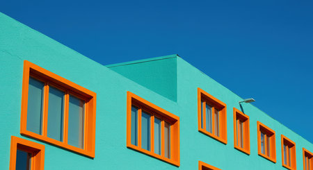 Colorful facade of a modern building with windows on blue sky backgroundの素材