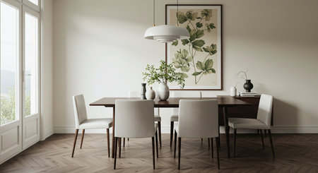 Dining room interior with white walls, wooden floor, round table with white chairs and vase with flowers. 3d renderingの素材
