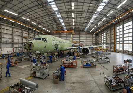 Aircraft repair and maintenance in the hangar. Auto service industry.の素材