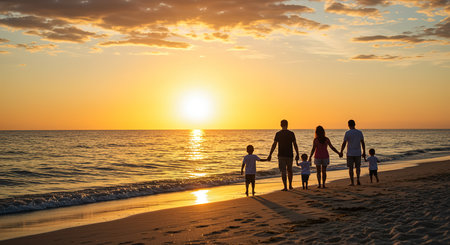 Happy family walking on the beach at beautiful sunset. Concept of friendly family.の素材