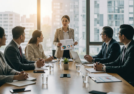 Group of business people discussing the charts and graphs showing the results of their successful teamworkの素材