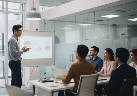 businessman giving presentation on whiteboard to multicultural colleagues in boardroomの素材