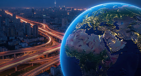 Globe with city lights and expressway. Elements of this image furnished by NASAの素材