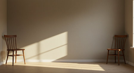 3d render of an empty room with two chairs and a windowの素材