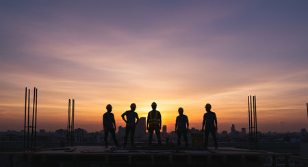 Silhouette of construction workers standing on top of building under construction.の素材