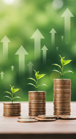 Investment to green business concept, Coins graph stock market and business growthの素材