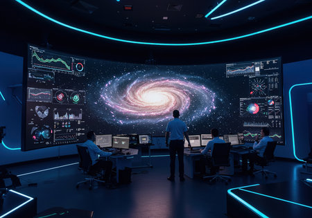 Silhouettes of business people working in modern conference room with glowing planet hologramの素材