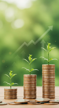 Investment concept, Coins graph stock market financial on nature background.の素材