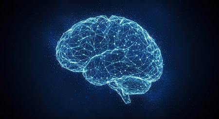 Abstract polygonal brain on dark background. Artificial intelligence concept. 3D Renderingの素材