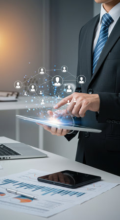 businessman working with new modern computer show social network structure as conceptの素材