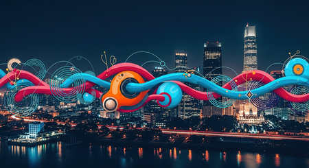 Modern city skyline at night with digital connection lines. 3D renderingの素材