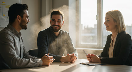 Business people working together in office. Businessman and businesswoman sitting at table and talking.の素材