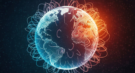 Global network connections over planet Earth. 3D rendering toned image double exposureの素材