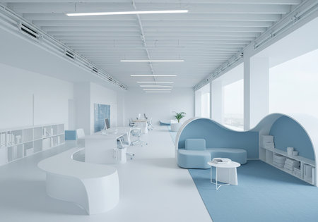 Interior of modern office with white walls, concrete floor, rows of white computer tables with blue chairs standing on them. 3d renderingの素材