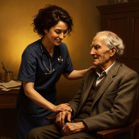 Portrait of an old man with a young nurse in the backgroundの素材