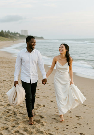 happy african american couple holding hands and walking on sandy beachの素材