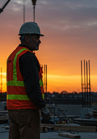 Construction worker on a building site at sunset with a view of the setting sunの素材