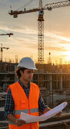 Portrait of a male engineer on a building site at sunset.の素材