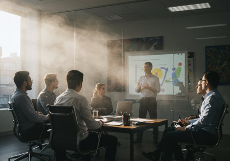 Group of young business people discussing business plan  in the office.の素材
